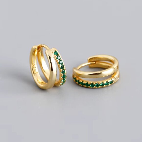 Double Huggie Earrings Green CZ CUTE everyday Jewelry huggies double hoop Green - Picture 3 of 7